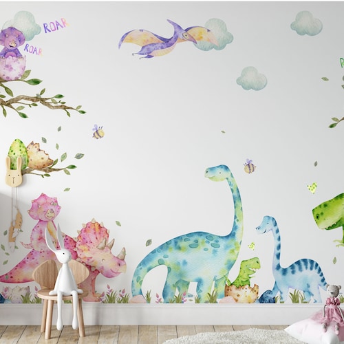 202 Elements Large Dinosaur Wall Decals Set for Kids Bedroom - Watercolour Dino Wall Stickers - Nursery Wall Stickers - Peel and Stick