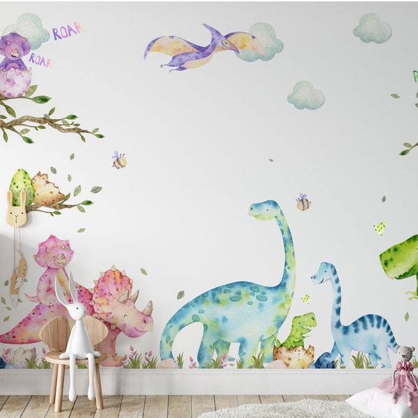 XXL Dinosaur Wall Decals Set for Kids - Nursery Dino Wall Stickers - Playroom Decor - Peel and Stick