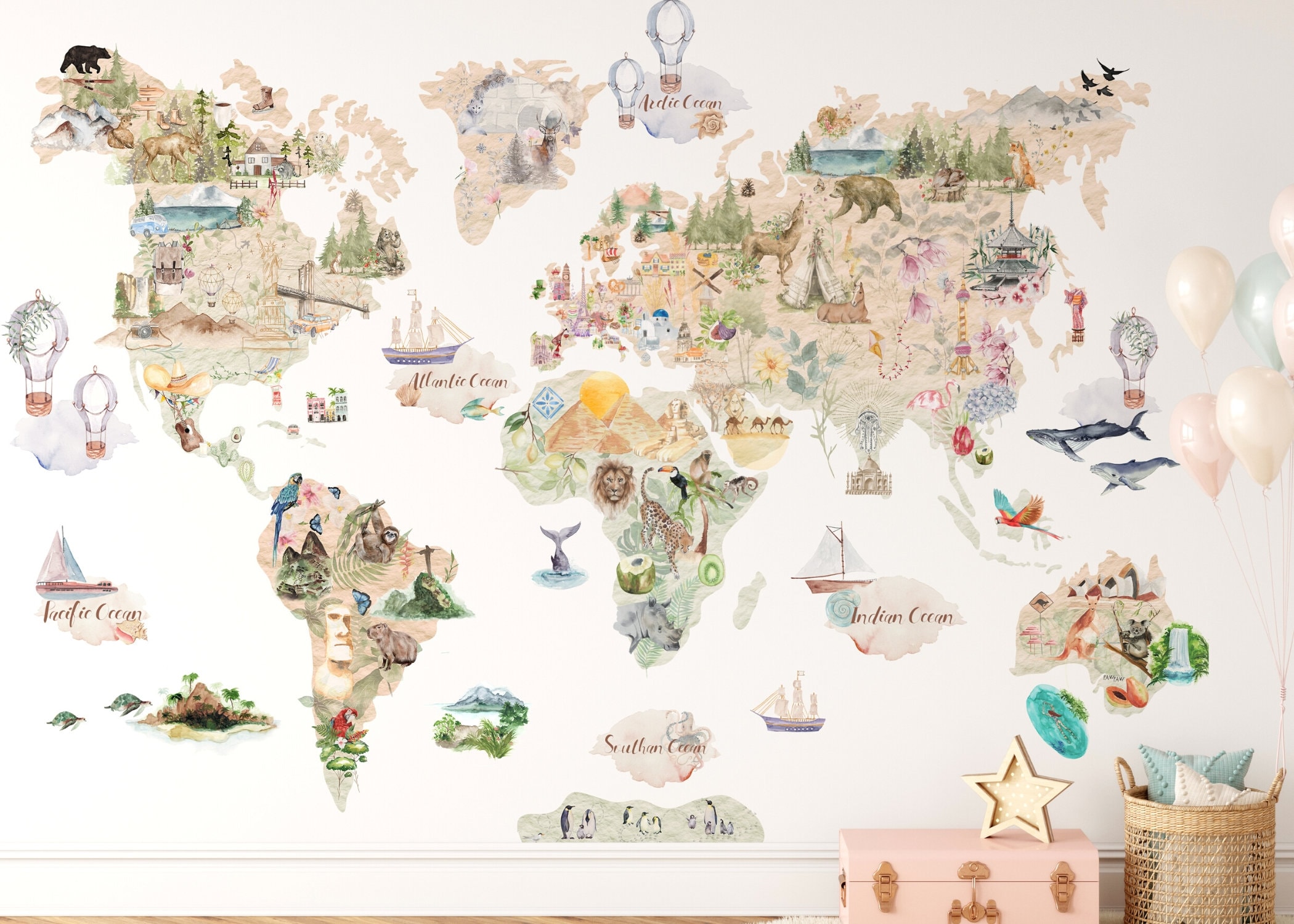 ANIMAL WORLD MAP Wall Decal for Kids Room Nursery Wall Etsy