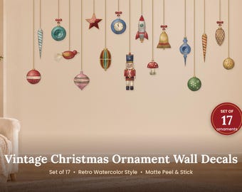 Vintage Christmas Ornament Wall Decals, Set of 17 Retro Ornament Stickers, Watercolor Nutcracker Wall Art, Peel and Stick Holiday Decor
