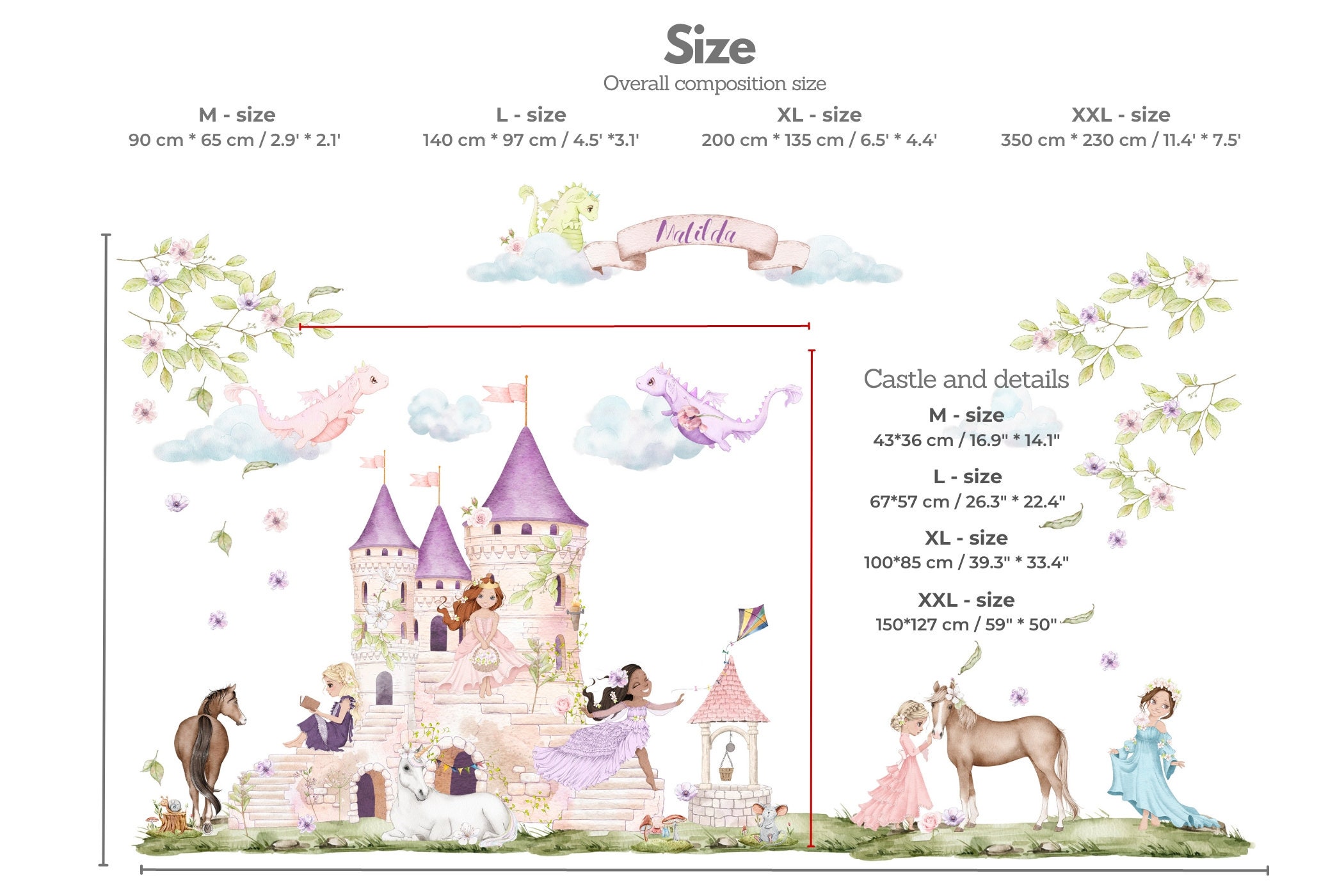 Wandaufkleber Prinzessinnenschloss – Aquarell-Design Für Mädchenzimmer Zum Abziehen & Wiederverwenden