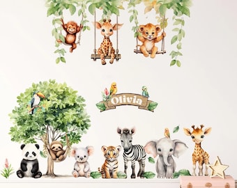 Safari Animals Wall Decals - Nursery Wall Stickers - Jungle Animals On a Swing - Zoo Animal - Playroom Decoration