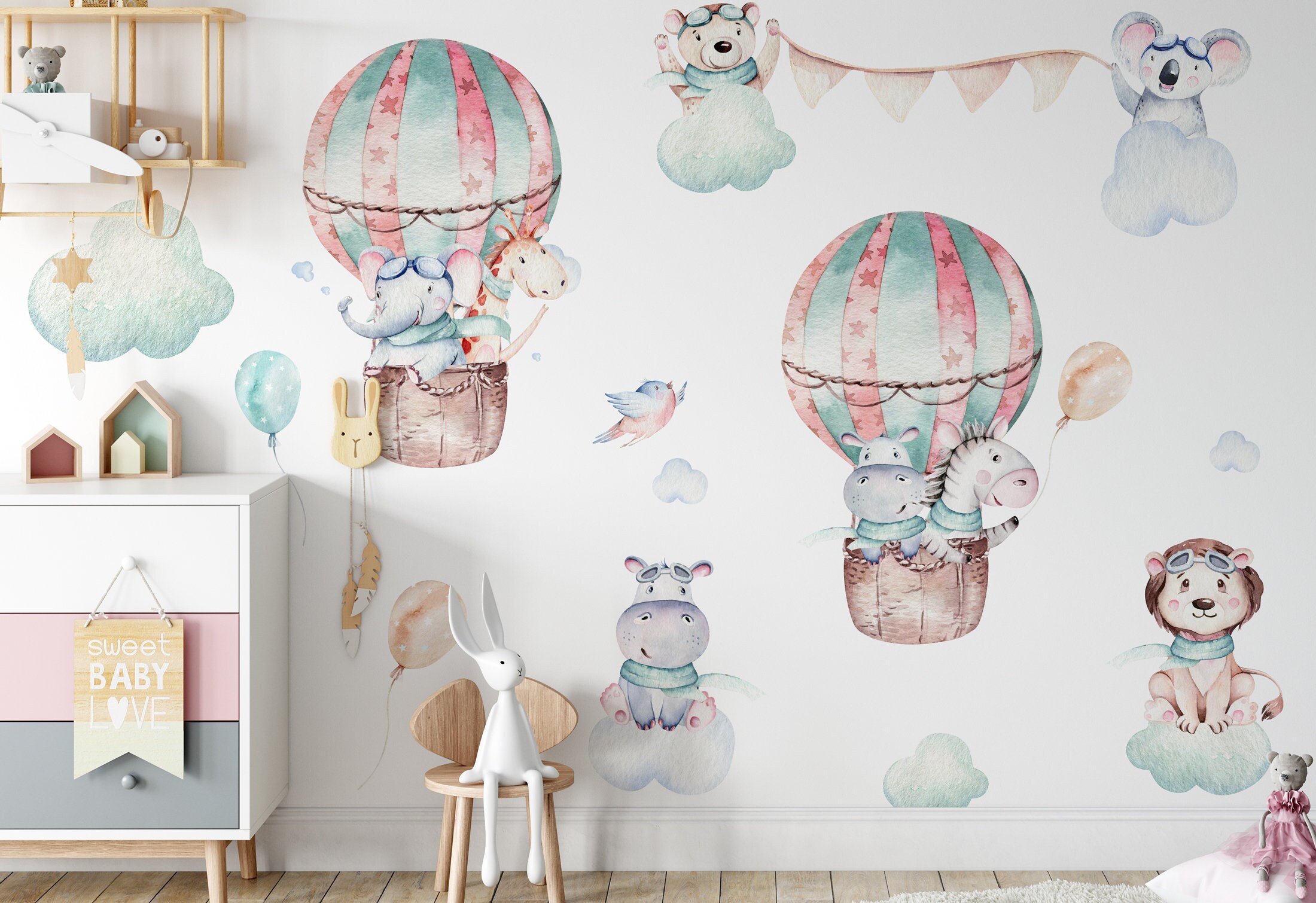 Hot Air Balloons Nursery Wall Decals Watercolor Clouds Wall Etsy
