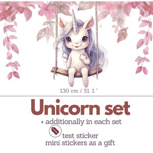 May include: A white unicorn with a pink mane and tail sits on a swing with pink flowers and leaves in the background. The unicorn is 27.5 inches tall and 51.1 inches wide. The text "Unicorn set" is written in brown letters below the image. The text "+ additionally in each set" is written in black letters below the text "Unicorn set". The text "test sticker" is written in black letters below the text "+ additionally in each set". The text "mini stickers as a gift" is written in black letters below the text "test sticker".