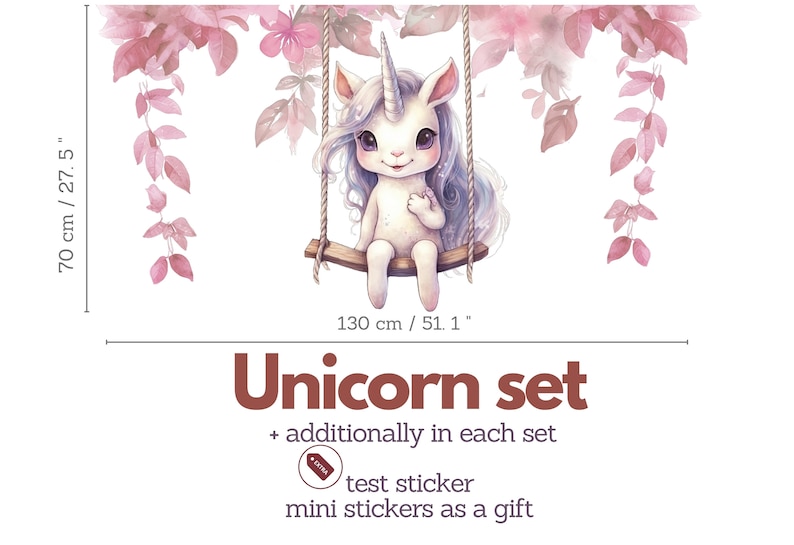 May include: A white unicorn with a pink mane and tail sits on a swing with pink flowers and leaves in the background. The unicorn is 27.5 inches tall and 51.1 inches wide. The text "Unicorn set" is written in brown letters below the image. The text "+ additionally in each set" is written in black letters below the text "Unicorn set". The text "test sticker" is written in black letters below the text "+ additionally in each set". The text "mini stickers as a gift" is written in black letters below the text "test sticker".