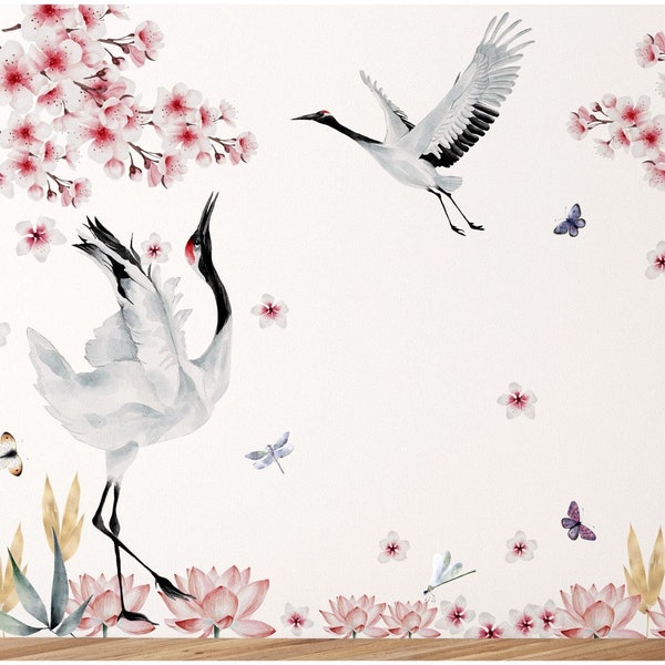Asian Wall Decal - Heron Birds - Cherry Blossoms Branch Pink - Wall Sticker Asia - Wall Flowers Decor