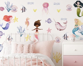 Girls Wall Decals - Mermaid Wall Decor - Little Mermaid Wall Sticker - Watercolor - Peel and Stick