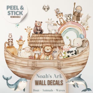 May include: Watercolor wall decals featuring Noah's Ark with a variety of animals, a rainbow, and the text "Noah's Ark WALL DECALS". The decals are peel and stick, and removable. Includes a whale and a dolphin.