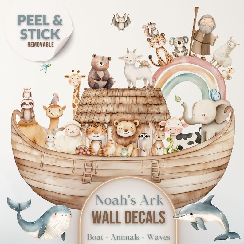 May include: Watercolor wall decals featuring Noah's Ark with a variety of animals, a rainbow, and the text "Noah's Ark WALL DECALS". The decals are peel and stick, and removable. Includes a whale and a dolphin.