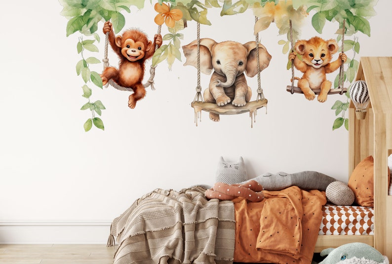 Stickers muraux pour chambre d'enfants Animaux sur balançoires Stickers muraux Safari Déco pour chambre d'enfant dans la jungle image 2