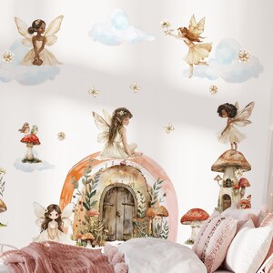 May include: A set of fairy wall decals featuring fairies with wings, mushrooms, and a whimsical door. The decals are painted in a watercolour style with soft colours like pink, brown, and blue.