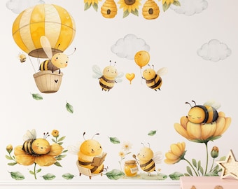 Bee Nursery Wall Decals – Watercolor Bees | Sunflowers and Hives | Peel & Stick Kids Room Decor