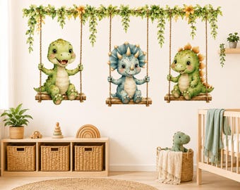 Dinosaur Wall Decals - Dino Swing Nursery Wall Stickers - XL XXL Extra All - Peel and Stick Kids Room Decor - Personalized Baby Name Decal