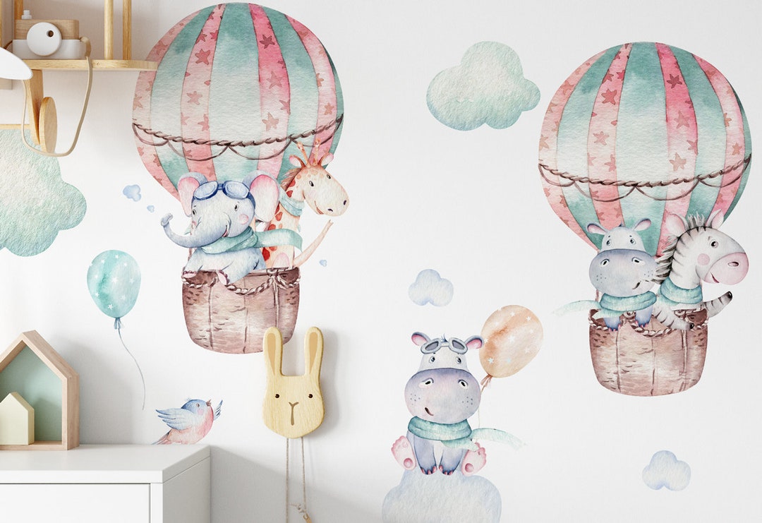 Adorable Hot Air Balloon Nursery Wall Decal With Cute Animal Accents ...