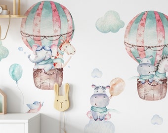 Calcomanía de pared adorable con globos de aire caliente para guardería con detalles de animales lindos, decoración de pared perfecta para tu pequeño