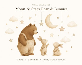 Bear Bunny Moon Wall Decals, Neutral Nursery Stickers, Woodland Animals, Baby Room Decor (Peel Stick)