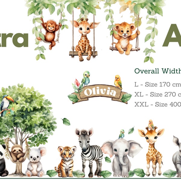 Große Dschungel-Wandaufkleber – Safaritiere auf Schaukeln – Aufkleber für Kinderspielzimmer und Kinderzimmer