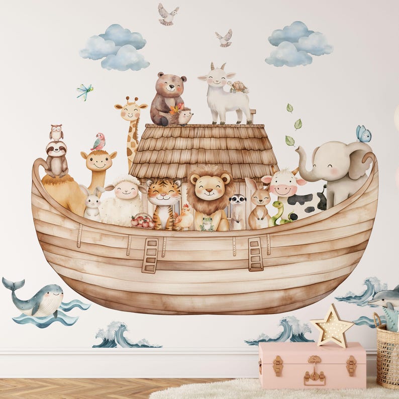 May include: Watercolor illustration of Noah's Ark filled with pairs of cute animals, including a giraffe, lion, elephant, and bear. The ark is a light brown color, with blue clouds and birds in the background. A whale and waves are also depicted.