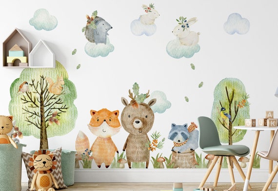 Vinilo infantil arbol blanco animales azul