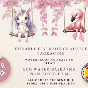 May include: A pink flamingo and a white unicorn on swings with pink flowers in the background. The text "Peel & Stick" is on a pink circle. The text "Durable Eco Biodegradable Packaging" is below the image. The text "Waterproof and easy to clean" is below the text "Durable Eco Biodegradable Packaging". The text "Eco Water-Based Ink Non Toxic Film" is below the text "Waterproof and easy to clean". The text "All orders are sent DHL FedEx, UPS + USPS tracked" is below the text "Eco Water-Based Ink Non Toxic Film". The text "Made in Spain" is in a circle with a Spanish flag in the center.