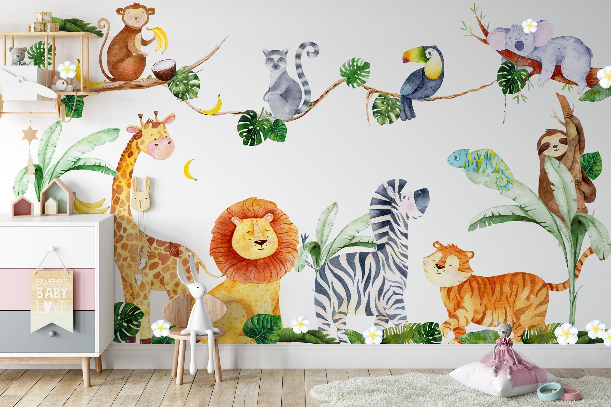 Autocollants Muraux en Vinyle avec Animaux de la Jungle pour Chambre d'Enfant  Garçon, Décoration Murale avec Dessin Animé, Singes, Zoo, Salon, Pépinière  - AliExpress