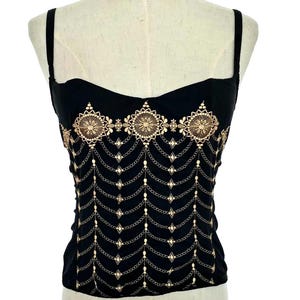 Bustier vintage RAVAGE des années 90, corset noir avec broderies dorées