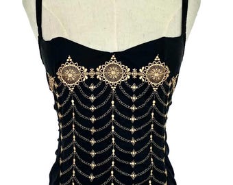 Bustier vintage RAVAGE des années 90, corset noir avec broderies dorées