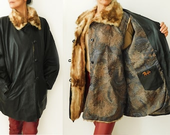 80s Leather Jacket/French Vtg Leather Coat/Vintage Fur Coat/Oversized Leather Jacket/Reversible Fur Jacket/3 in 1 Leather Jacket