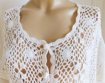 Hand Crochet Top/70s Short Sleeves Top/Cotton Top/Layering Top/Beach Wear