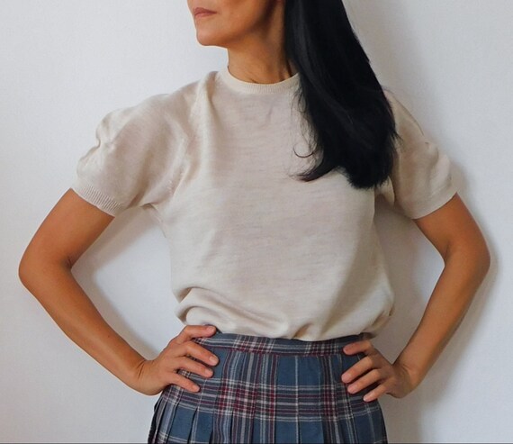 Light Knit Beige Short Sleeve Blouse/50s Vintage B