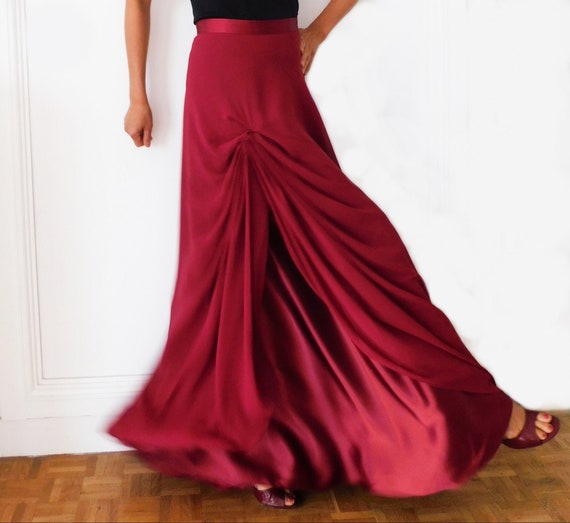 90s Bordeaux Party Skirt/Maxi Skirt/Drape Skirt/Sa