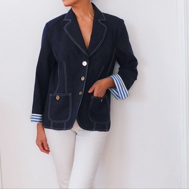 WEILL / Blue Linen Blazer / Cruise Style Blazer / Summer Blazzer / Français vintage / Sailor Blazer / Preppy Jacket image 2