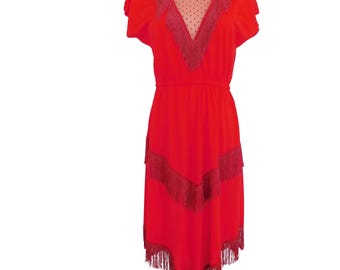 French Vintage Red Dress/70s Fringe Dress/Vintage party Dress/Vintage Disco Dress/Charleston Dress
