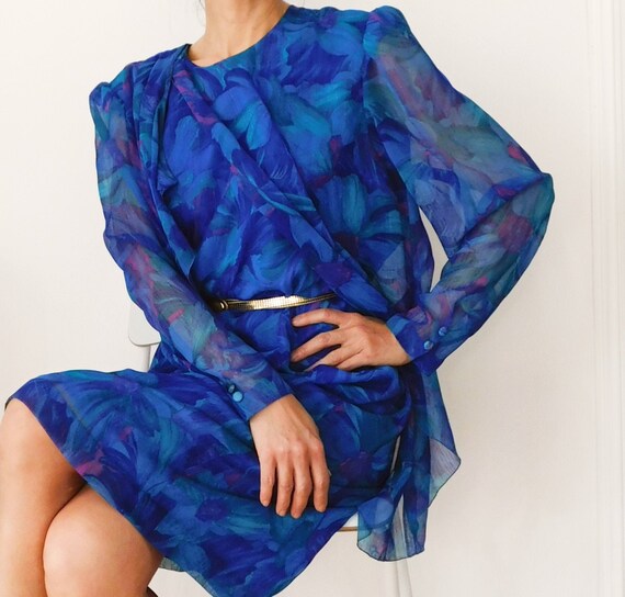 80s Cape Dress/Chiffon Blue Floral Dress/ Long sle