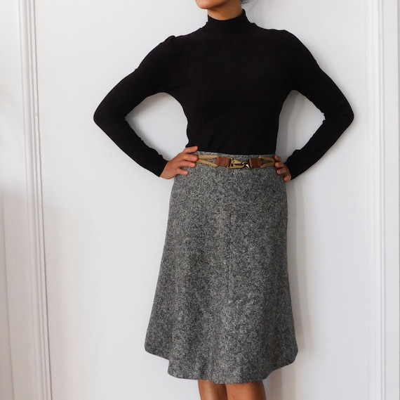 60s Wool Tweed A line Skirt/French Vintage/Knee Le