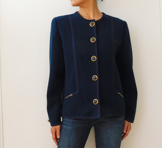 80s DEVERNOIS/French Vintage/Blue Navy Cardigan/Wo
