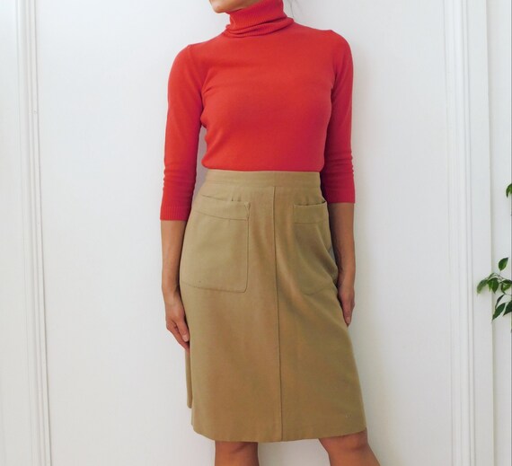 60s Beige Wool Skirt/French Vintage/Below the Knee