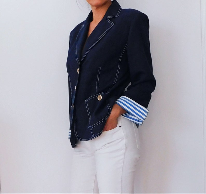 WEILL / Blue Linen Blazer / Cruise Style Blazer / Summer Blazzer / Français vintage / Sailor Blazer / Preppy Jacket image 5