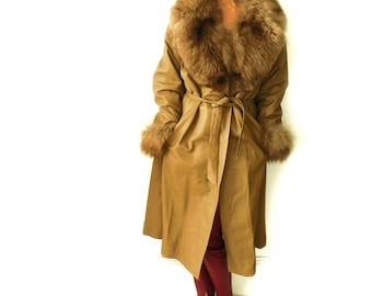 70s Leather Coat/Vintage St John Leather Fur Trench/Leather Trench Coat/Maxi Leather Trench Coat