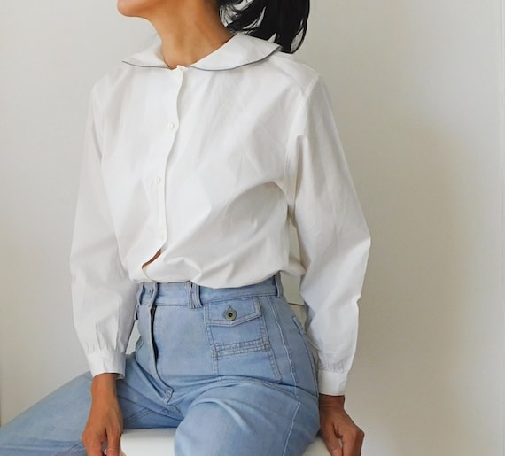 Peter Pan Collar Blouse/70s White Cotton Blouse