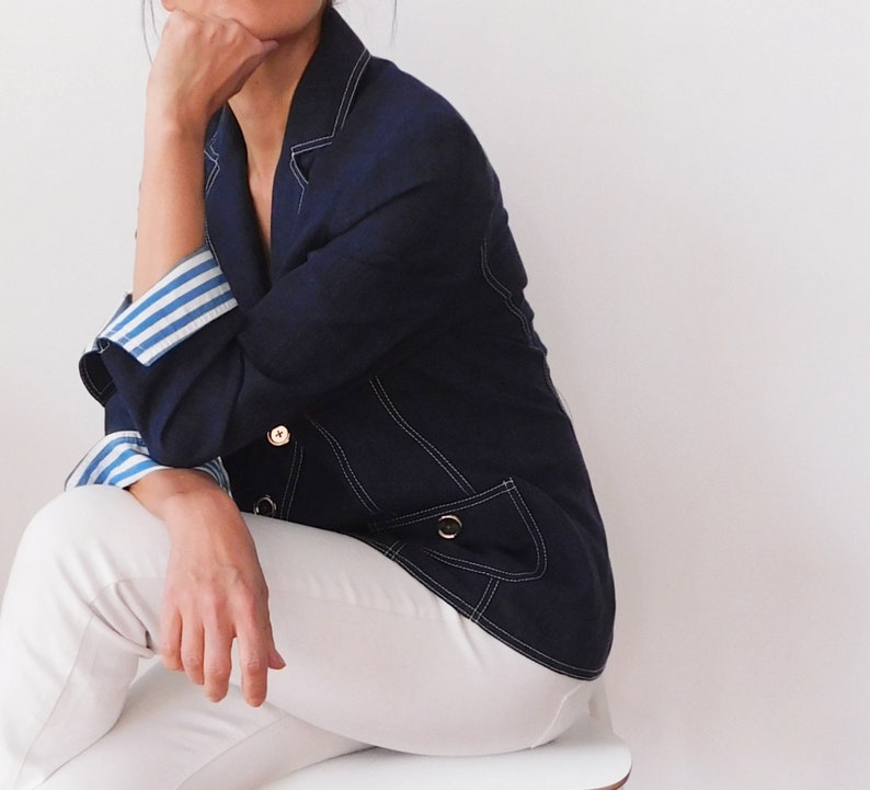 WEILL / Blue Linen Blazer / Cruise Style Blazer / Summer Blazzer / Français vintage / Sailor Blazer / Preppy Jacket image 6
