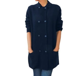 PRINTEMPS Double Breasted Cardigan/Navy Blue Wool Cardigan/Wool Coat/Oversized Cardigan/French vintage/Preppy Outerwear/Unisex Cardi