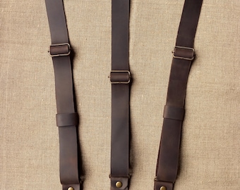 Donkerbruine leren bretels met ring, retro bruiloftaccessoire voor bruidegom, cadeau voor bruidsjonkers