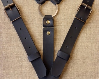 Black Leather suspenders suspenders with ring Black, Dark Brown, Brown, Light brown Suspenders width 1"