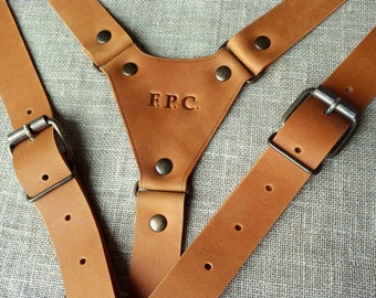 Light brown Leather suspenders Personalized Gifts For Men Personalized suspenders Wedding Braces For Grooms Leather suspenders width 1"