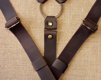 Leather Suspenders with Ring Suspenders for Weddings Leather Braces Men's suspenders Custom Suspenders Dark Brown Suspenders Width 1"