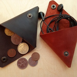 Brown Leather Personalized Coin Box wallet Leather Mini Coin Pouch  Triangular coin holder  Anniversary gift holder gift for her Present