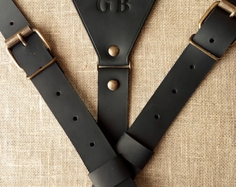 Black Leather Wedding Personalized suspenders Party accessories Gift for Father Braces For Grooms Leather suspenders width 1" Custom