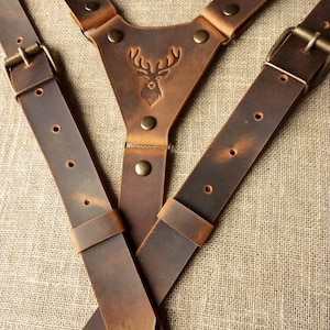 BeaverCraft Adjustable Brown Leather Suspenders Braces for Men with Button Straps S