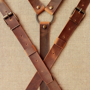 Leather suspenders Party accessories Suspenders with ring Rustic (Dark cognac) width 1&quot; Gifts For Men Wedding Braces For Grooms Real leather